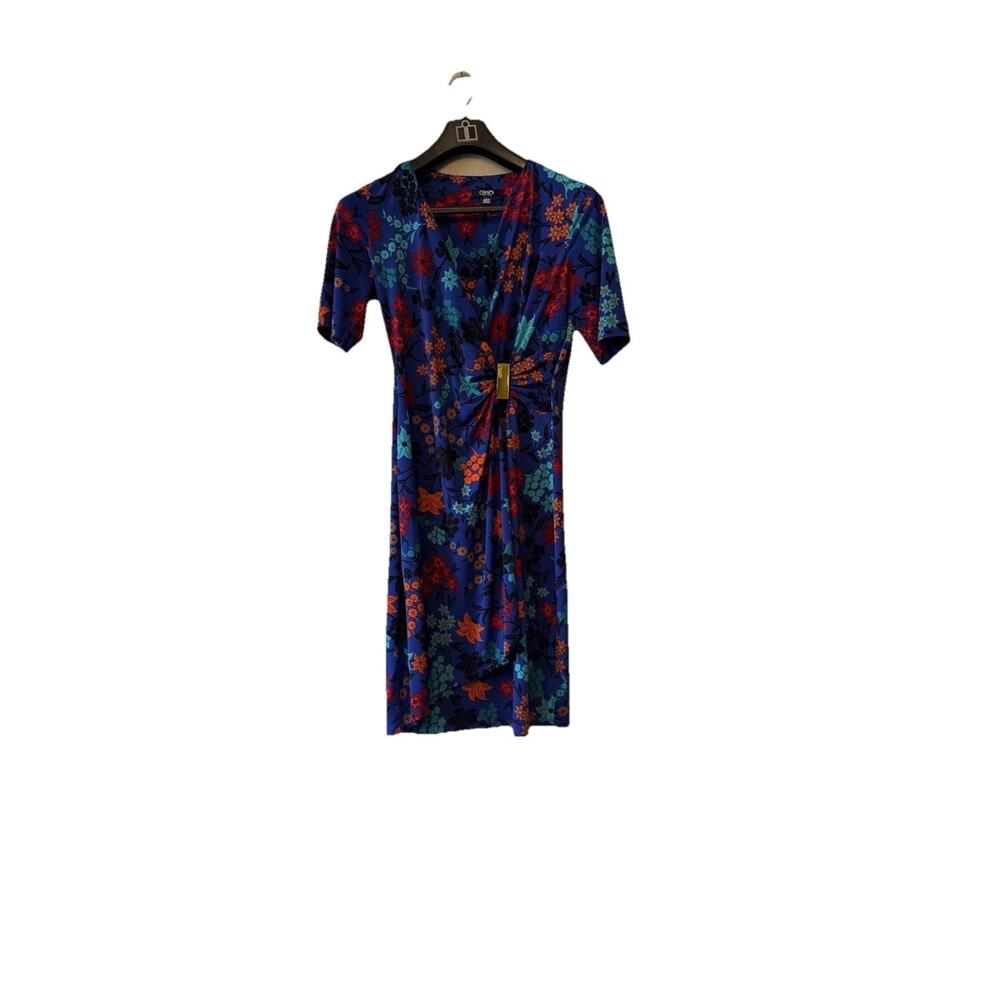 Chaps Womens 6 Blue Black Floral Faux Wrap Sheath Dress Ruched V-Neck Vibrant
